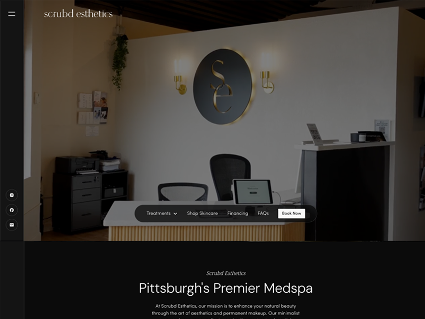 Scrubd Esthetics med spa website homepage design showing the studio's front desk and the headline "Pittsburgh's Premier Medspa"