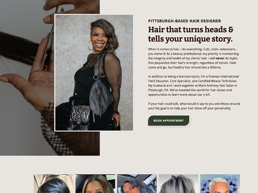 Pittsburgh hair stylist website design featuring the stylist smiling in an all-black outfit and the headline "Hair that turns heads & tells your unique story"