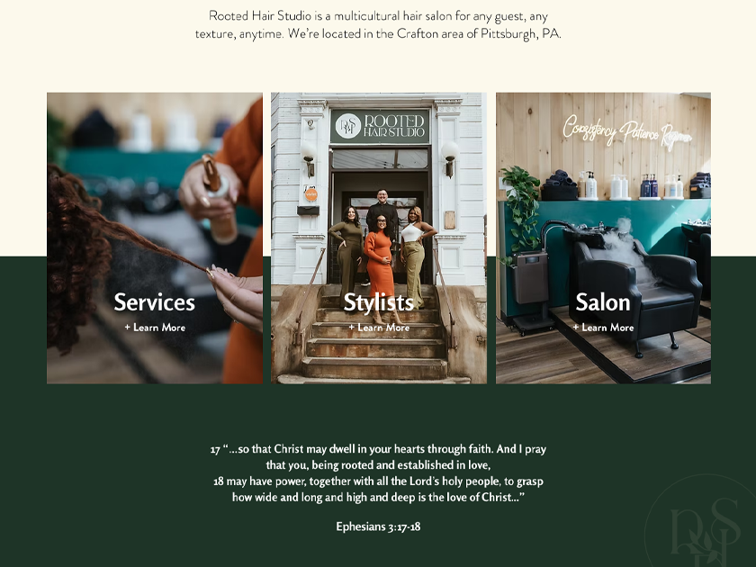Rooted Hair Studio website design with photo cards for Services, Stylists, and Salon on a dark green background