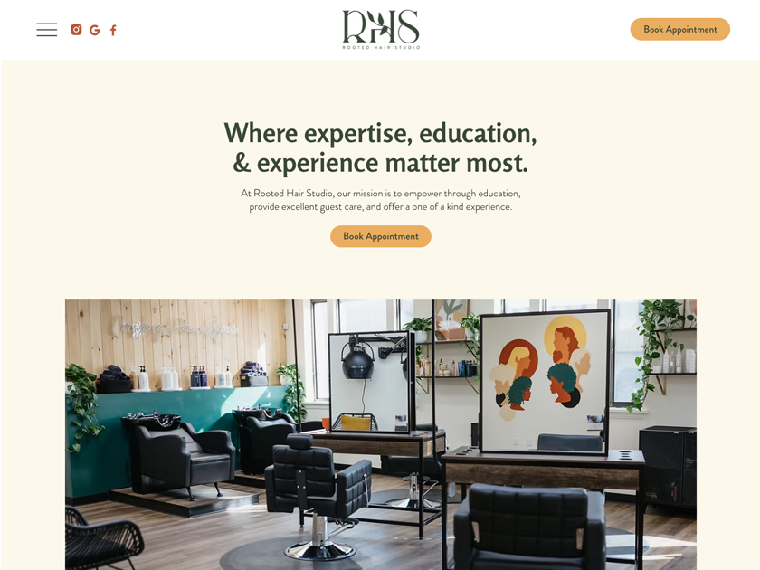 Rooted Hair Studio salon website homepage design with the headline "Where expertise, education, & experience matter most" above a photo of the salon floor
