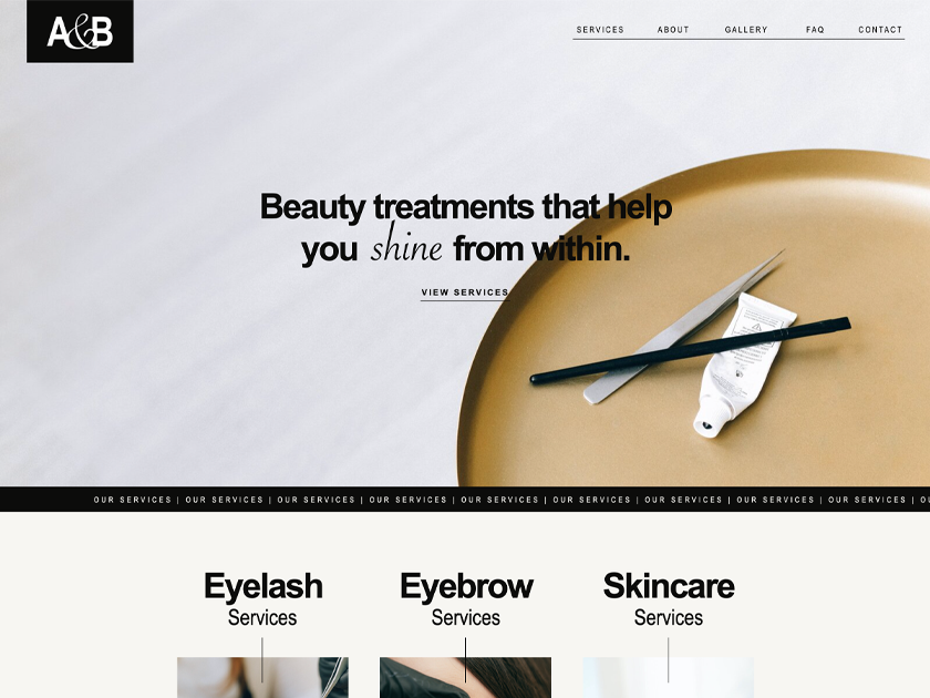 A&B beauty website homepage design with the headline "Beauty treatments that help you shine from within" above eyelash, eyebrow, and skincare service sections
