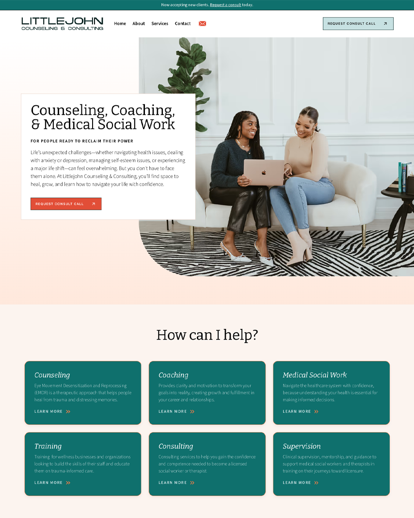 Littlejohn Counseling & Consulting website homepage design with two women talking on a couch and the headline "Counseling, Coaching, & Medical Social Work"