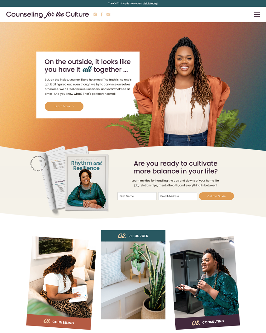 Counseling for the Culture therapist website homepage design with a smiling counselor in an orange blazer and the headline "On the outside, it looks like you have it all together"