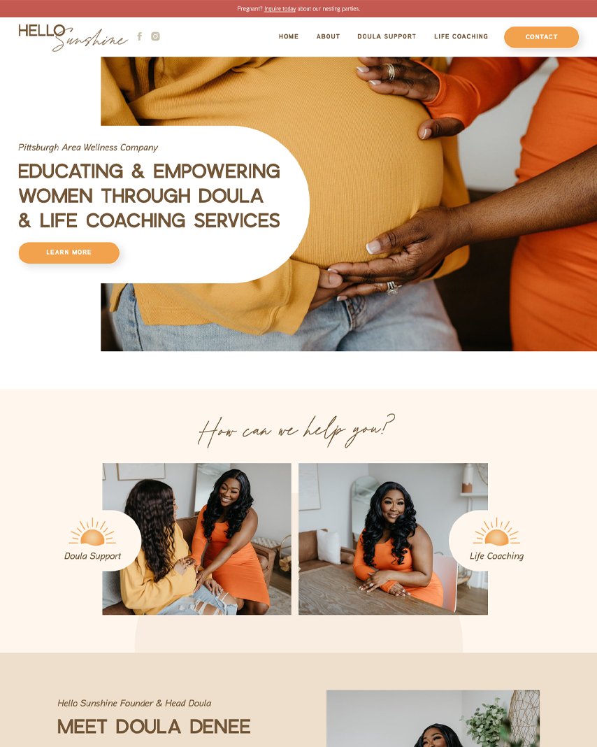 Hello Sunshine Birth & Wellness doula website homepage design with hands cradling a pregnant belly and the headline "Educating & empowering women through doula & life coaching services"