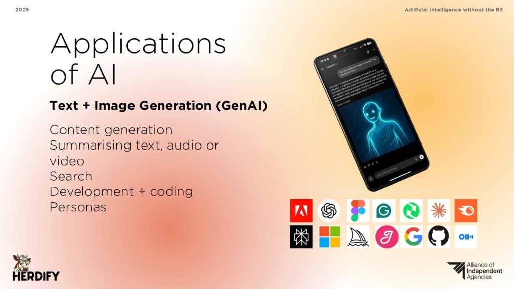 Slide showing applications of AI in text and image generation with logos including Adobe, ChatGPT, Figma, Grammarly, Perplexity, and Otter.ai.