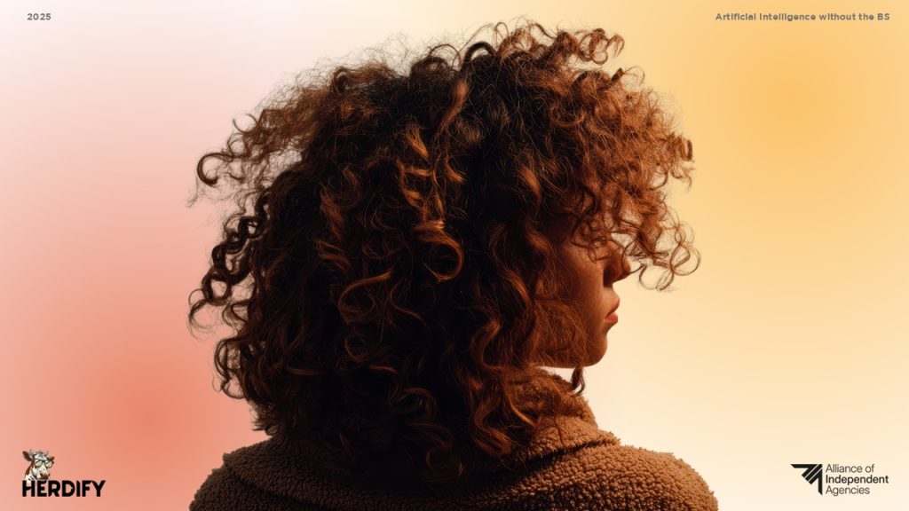 Side profile of a person with curly hair on a gradient background with Herdify and Alliance of Independent Agencies logos, representing AI Without the Bullshit webinar.