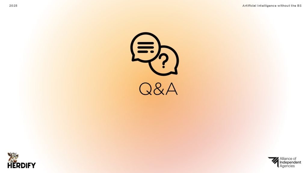 Slide with speech bubble icons and text “Q&A,” representing the audience question and answer session.