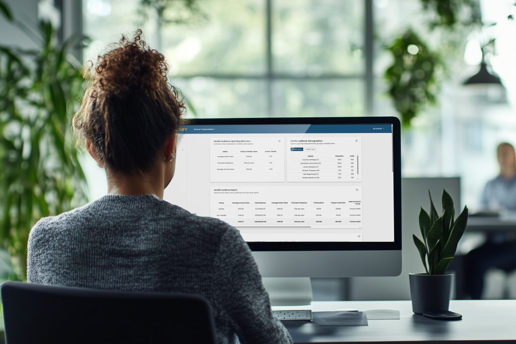 Marketing leader reviewing Herdify portal on screen to plan campaigns with demographic insights and customer metrics.