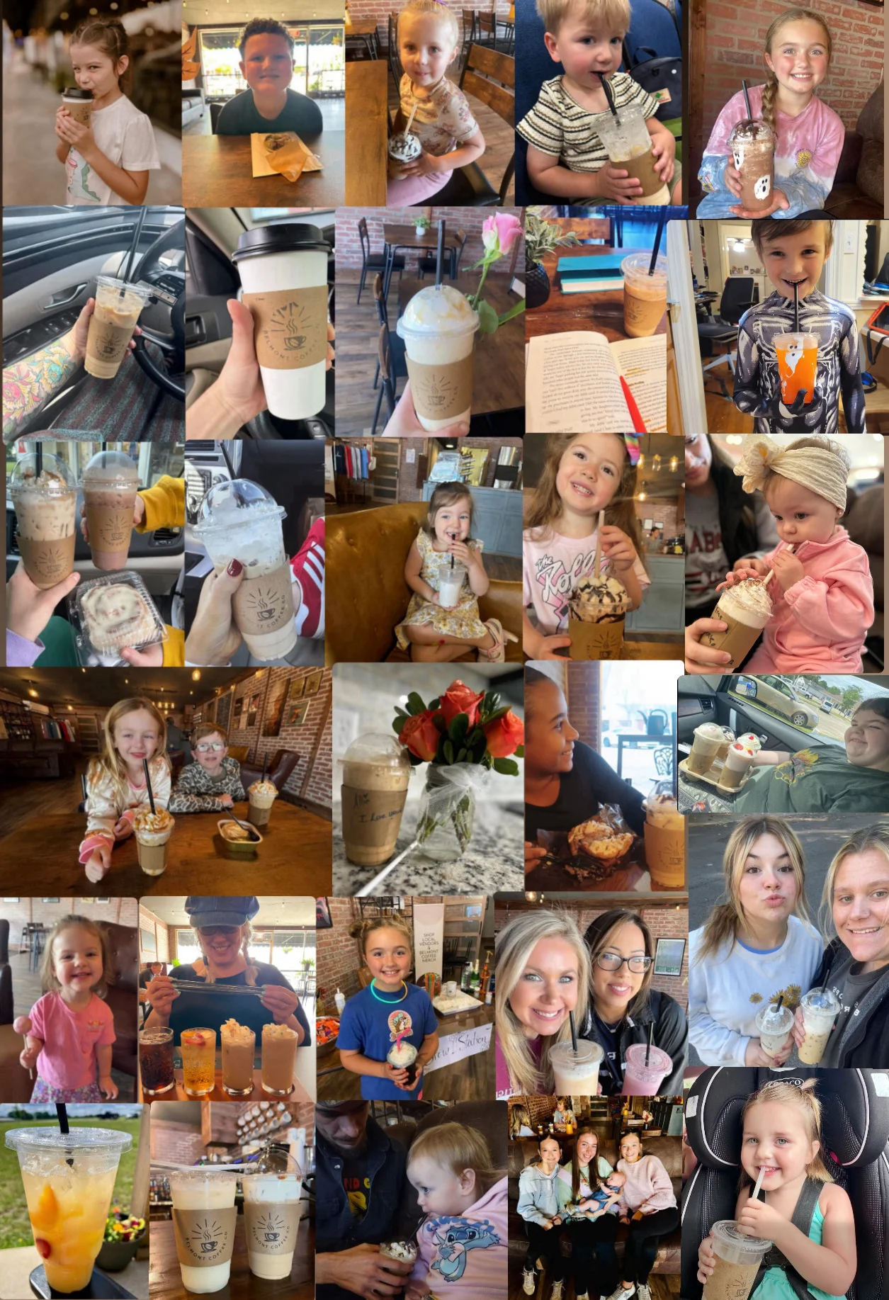 Collage of children and adults enjoying various coffee and iced drinks in a cozy café setting, with some holding pastries and colorful beverages.