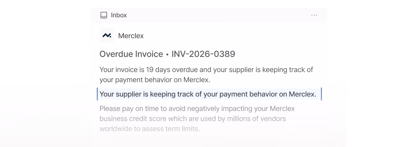 Email notification from Merclex about an overdue invoice stating the invoice is 19 days overdue and the supplier is tracking payment behavior.