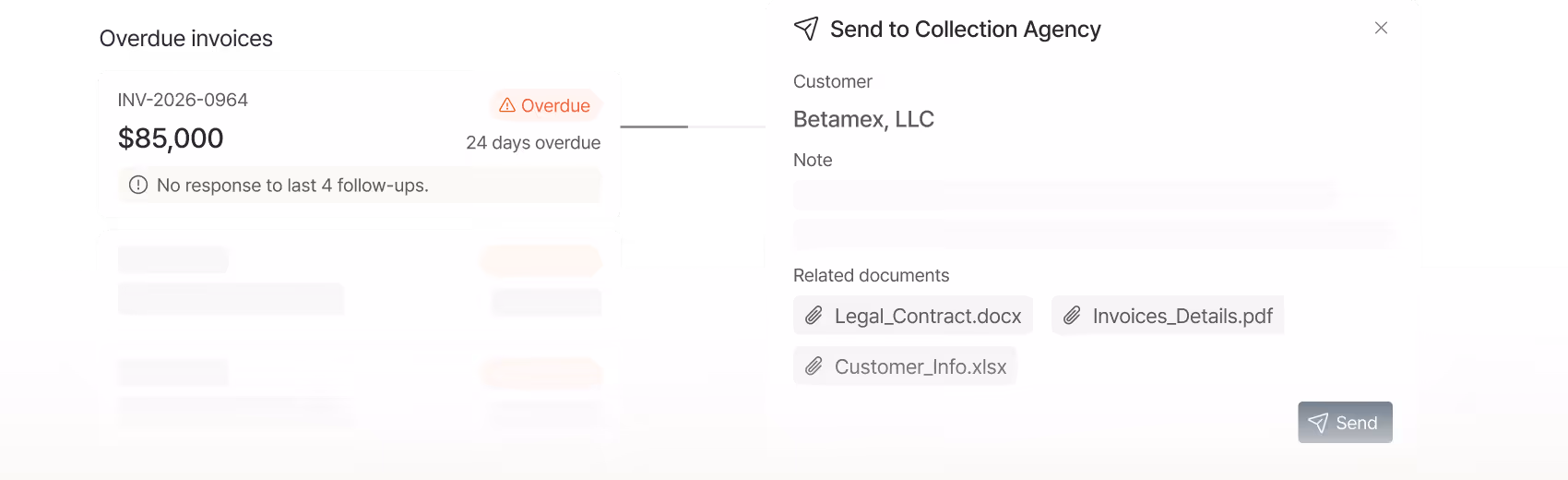Overdue invoice  no response to last 4 follow-ups get forwarded to collection agency form including related documents.