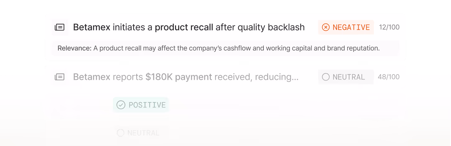 News headline stating Betamex initiates a product recall after quality backlash, labeled with a negative sentiment score of 12 out of 100 and note on potential impact on cashflow and brand reputation.