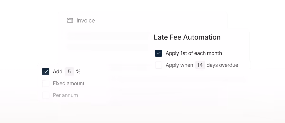 Invoice settings for Late Fee Automation with options to add 5% late fee and apply on the 1st of each month.
