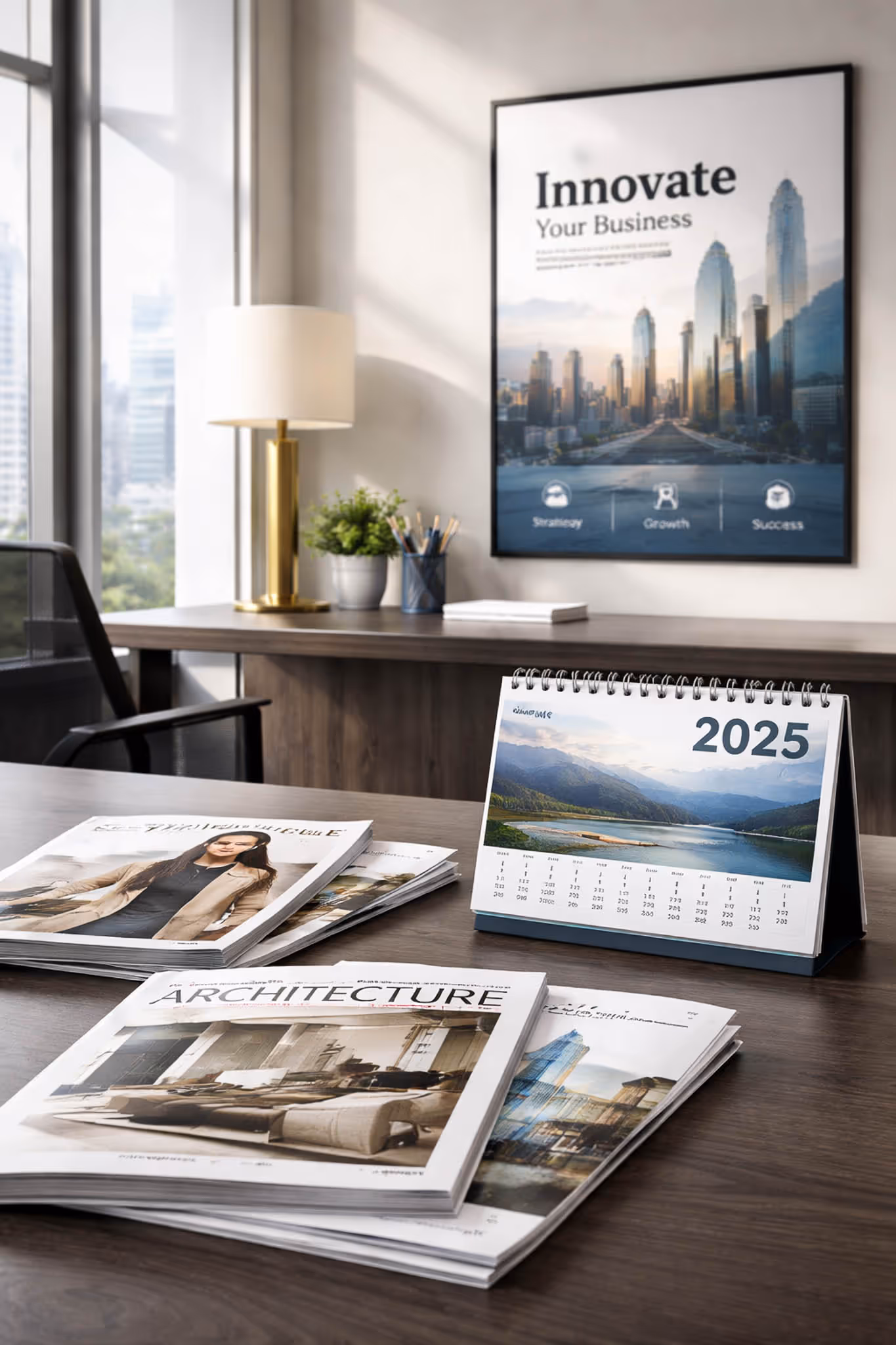 Mesa de escritório com revistas de arquitetura, um calendário de 2025 com uma imagem de paisagem montanhosa, e uma lâmpada dourada ao fundo junto a uma parede com um quadro de cidade e o texto 'Innovate Your Business'.