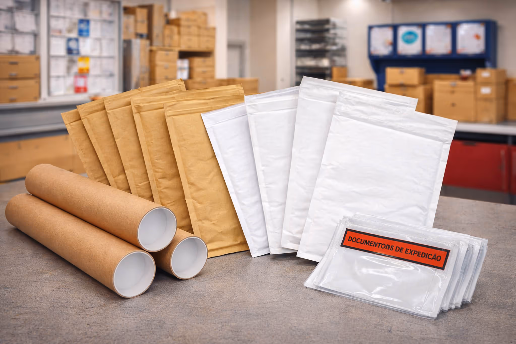 Três rolos de tubagem de papel castanho, envelopos marrons e brancos, e sacos transparentes para documentos de expedição sobre uma superfície cinzenta numa área de armazém.
