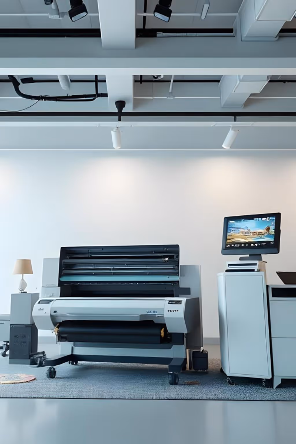 Impressora industrial grande com monitor em escritório moderno de design aberto.