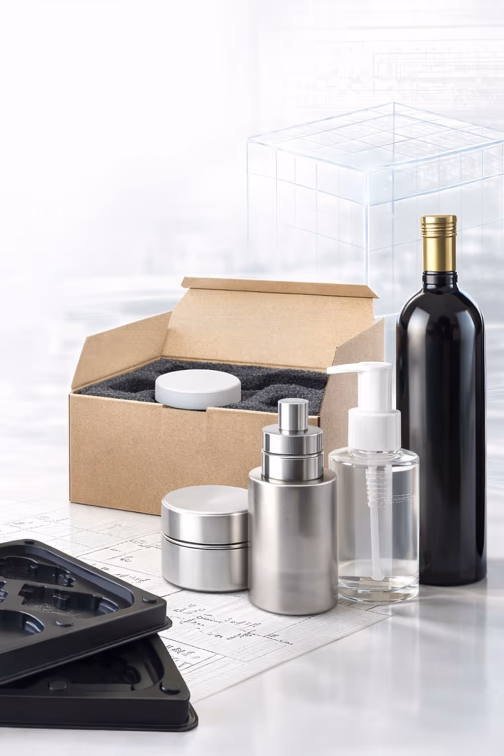 Caixa aberta com espuma interior e vários frascos de cosméticos metálicos e transparentes, junto a uma garrafa preta com tampa dourada sobre uma mesa com folhas e moldes de plástico.