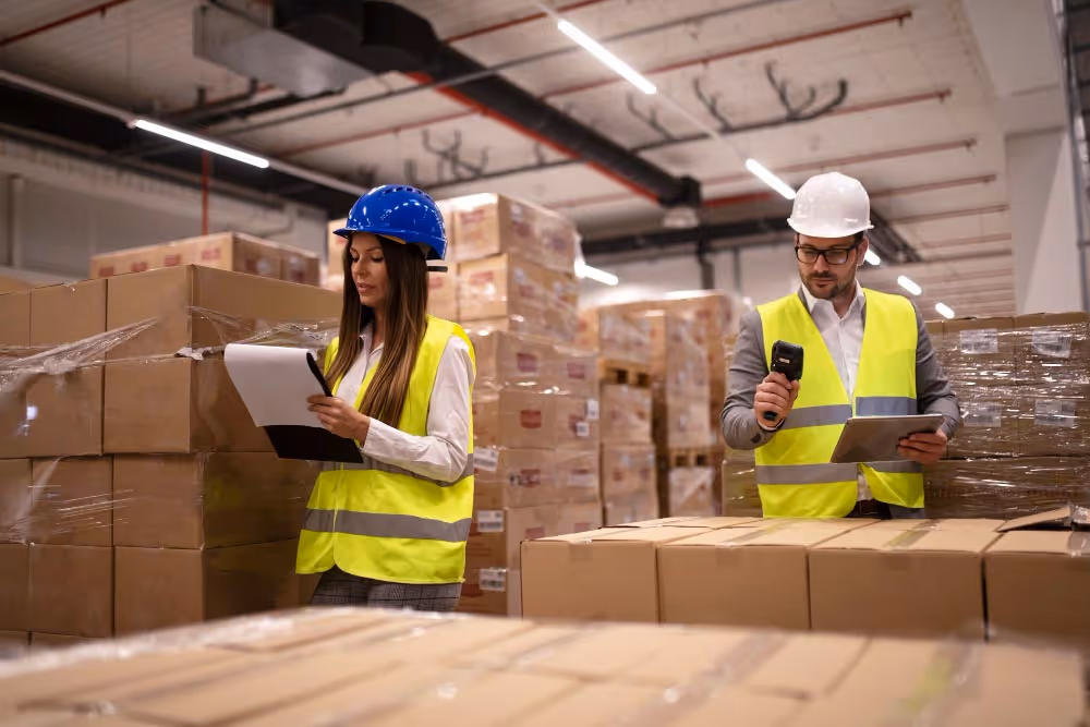 Dois trabalhadores num armazém a inspecionar caixas empilhadas, usando coletes refletores e capacetes de segurança, um com um leitor de código de barras e outro com uma prancheta.