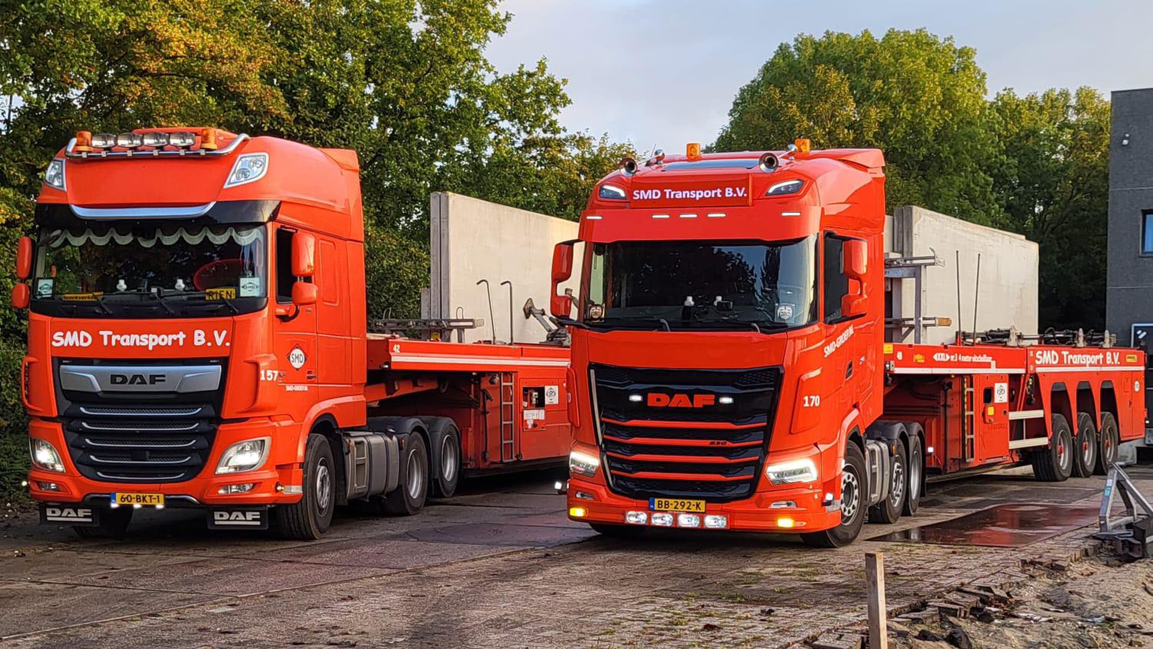 Twee oranje DAF vrachtwagens van SMD Transport B.V. geparkeerd op een terrein met groene bomen op de achtergrond.