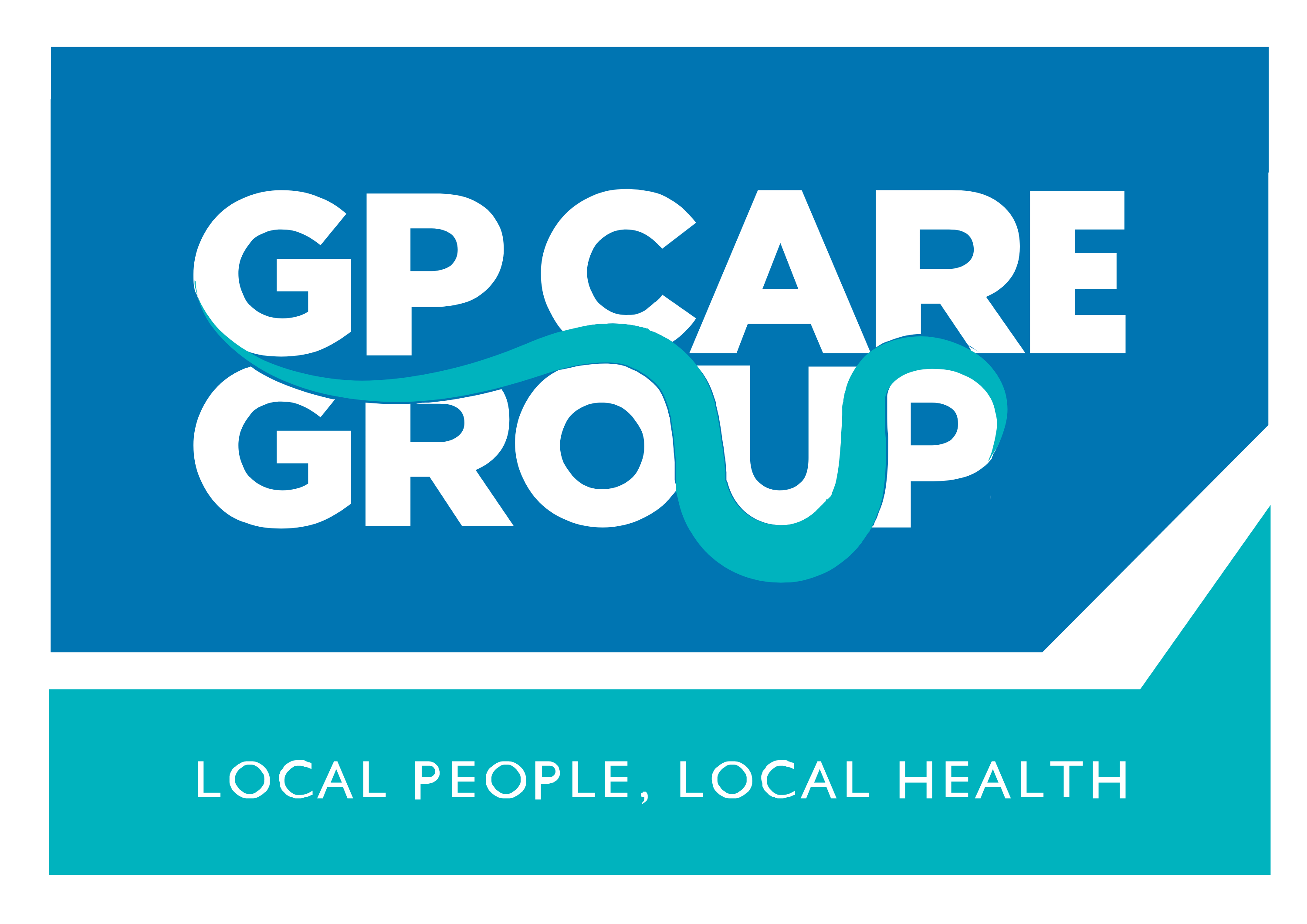GP Care Group logo with slogan Local People, Local Health in white text on blue and teal background.