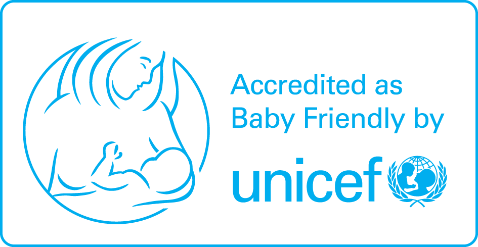 Blue line art of a mother breastfeeding a baby inside a circle, with text 'Accredited as Baby Friendly by unicef' and the UNICEF emblem.