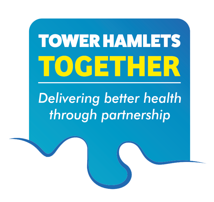 Tower Hamlets Together logo with the tagline Delivering better health through partnership on a blue puzzle piece background.