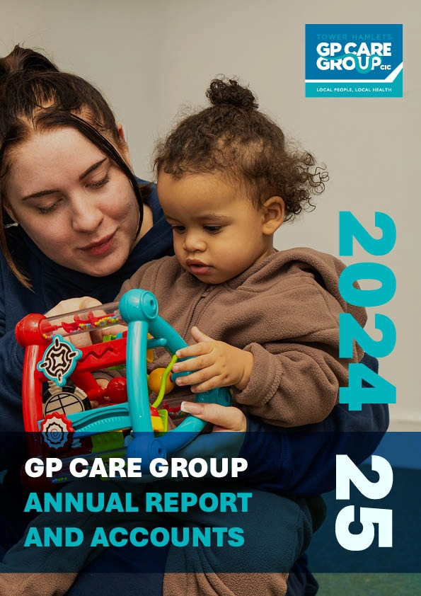 Woman holding a toddler playing with a colorful toy, with text for GP Care Group 2024/25 Annual Report and Accounts.
