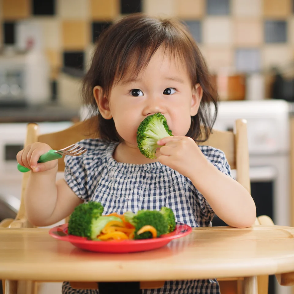 Toddler sitting in a high chair eating broccoli from a red plate with other vegetables.
