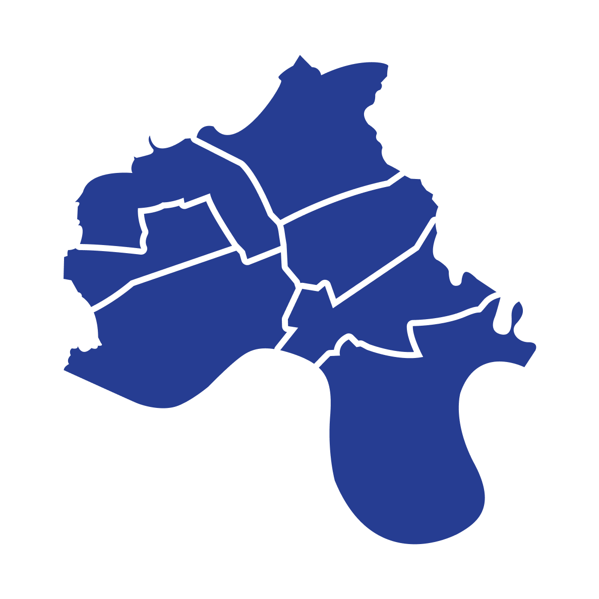 Blue map of the borough divided into  the nine networks with lines.
