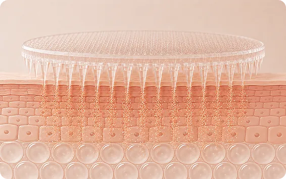 Cross-section illustration of micro-needles penetrating skin layers to deliver microscopic particles beneath the surface.
