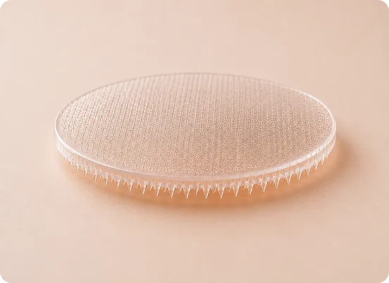 Square transparent container holding an array of evenly spaced small, pointed golden spikes.