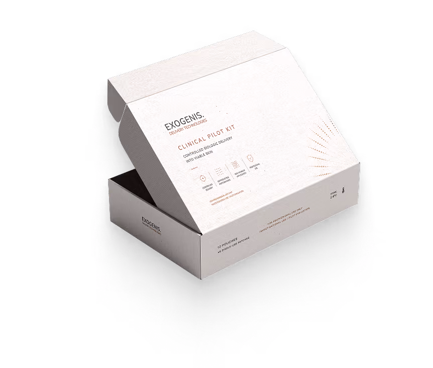 Partially open white box labeled Exogenis Clinical Pilot Kit with details on biologic delivery.