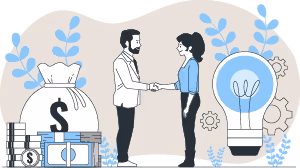 Illustration of a man and woman shaking hands with money bag, dollar bills, and a lit light bulb symbolizing financial agreement and ideas.