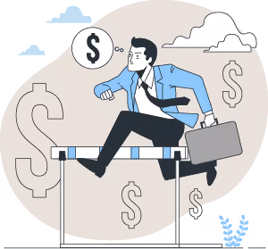 Businessman in suit and tie jumping over hurdle while holding briefcase, with dollar signs around him.