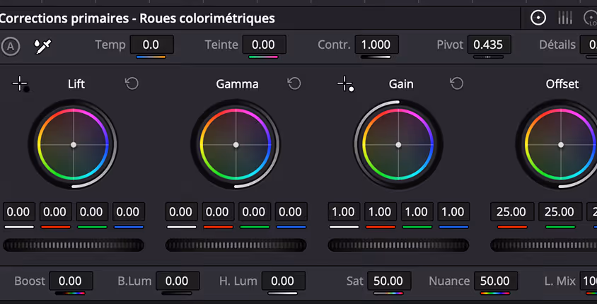 Interface de correction colorimétrique montrant les roues Lift, Gamma, Gain et Offset avec réglages de saturation, nuance, température et contraste.