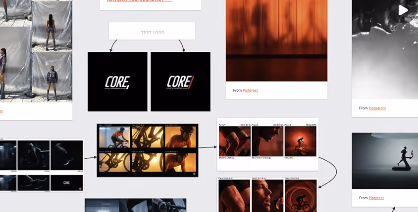 Collage of storyboard frames, logo designs, and cycling action shots with arrows showing project workflow.