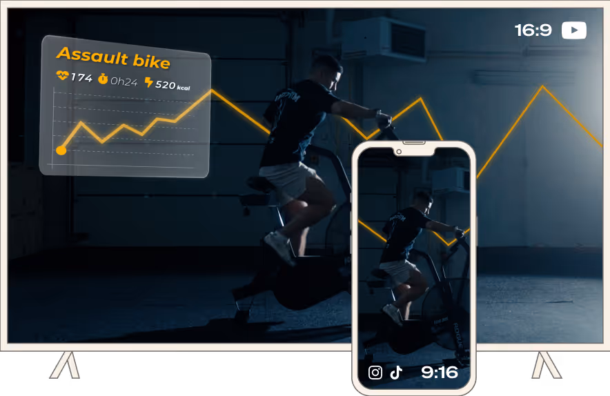 Homme faisant du vélo d'assaut dans une salle de sport, affiché sur une télévision et un smartphone avec un graphique de performance en arrière-plan.