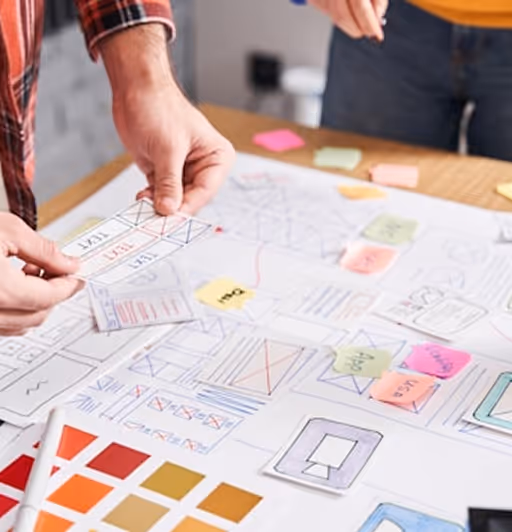 Personnes travaillant sur la conception de maquettes avec des croquis, notes autocollantes colorées et palettes de couleurs sur une table.