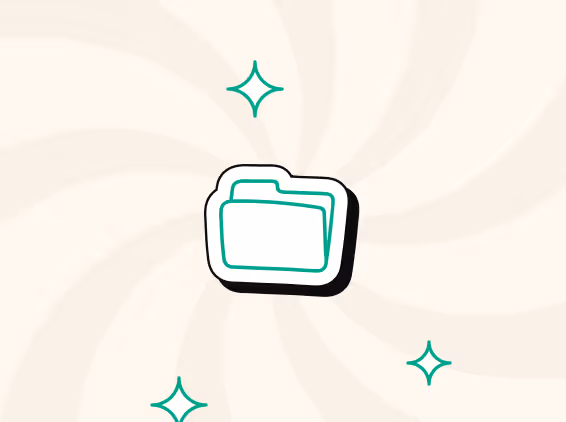 Icône de dossier vert entourée de petites étoiles vertes sur un fond beige en spirale.