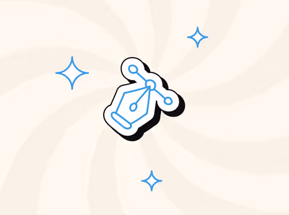 Icône d'un stylet vectoriel bleu entouré de quatre étoiles bleues sur un fond beige clair avec un motif en spirale.