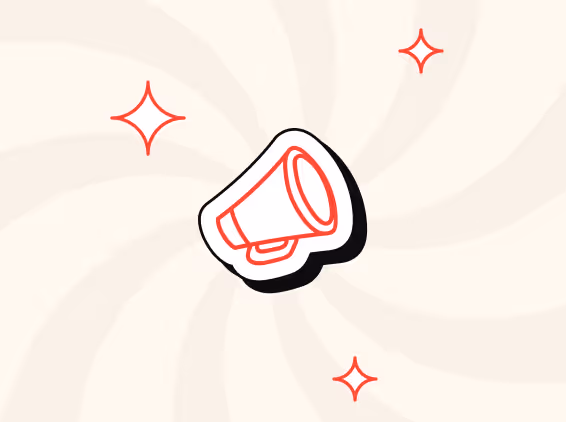 Illustration d'un mégaphone rouge stylisé avec des étoiles rouges autour sur un fond beige avec des motifs en spirale.