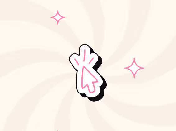 Curseur de souris stylisé avec effets d'éclat roses sur un fond beige spirale.