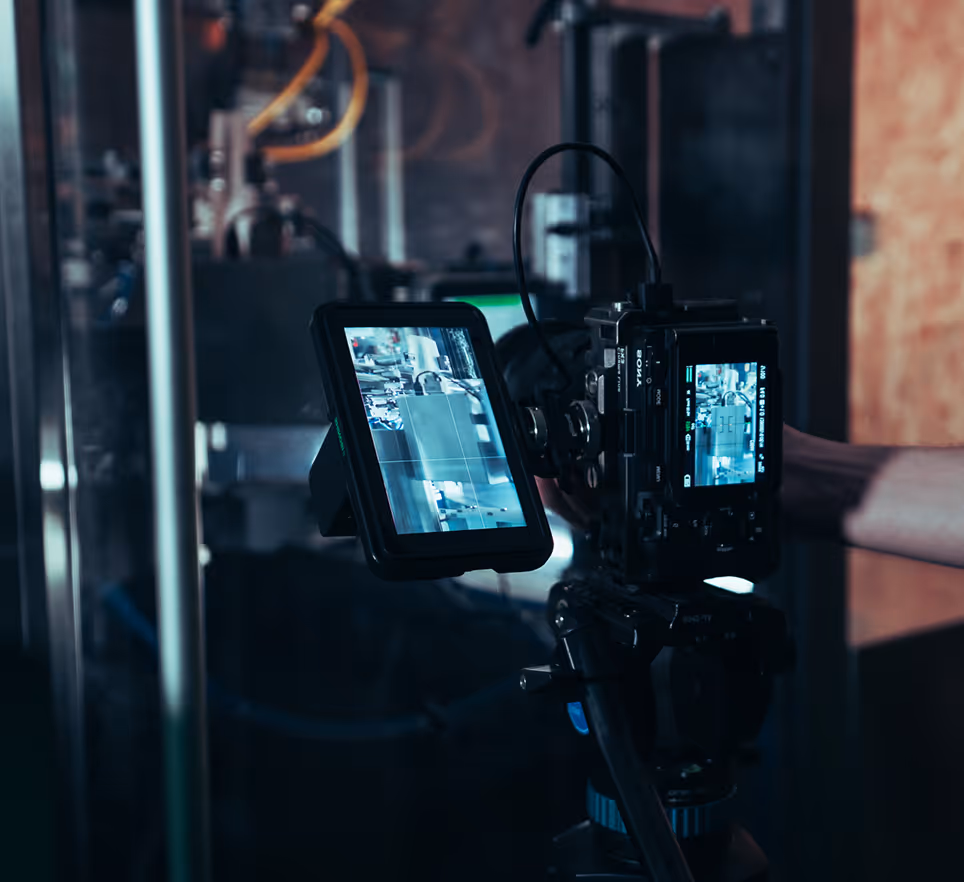 Caméra professionnelle montée sur un trépied avec écran affichant une scène d'enregistrement en intérieur.