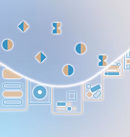 Motif abstrait avec des formes géométriques bleues et beige flottant au-dessus d'un fond bleu clair avec des éléments graphiques lumineux.