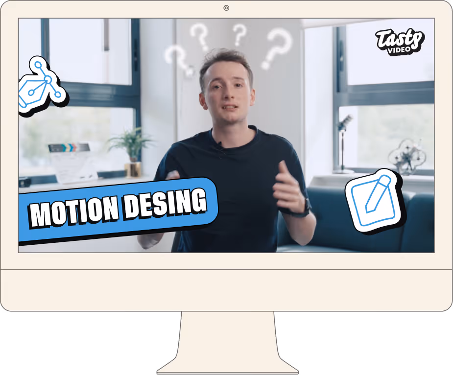 Un homme parle devant une fenêtre dans un bureau, avec des points d'interrogation animés au-dessus de sa tête et le texte « MOTION DESING » à l'écran, accompagné des logos Tasty Video et d'icônes de dessin.