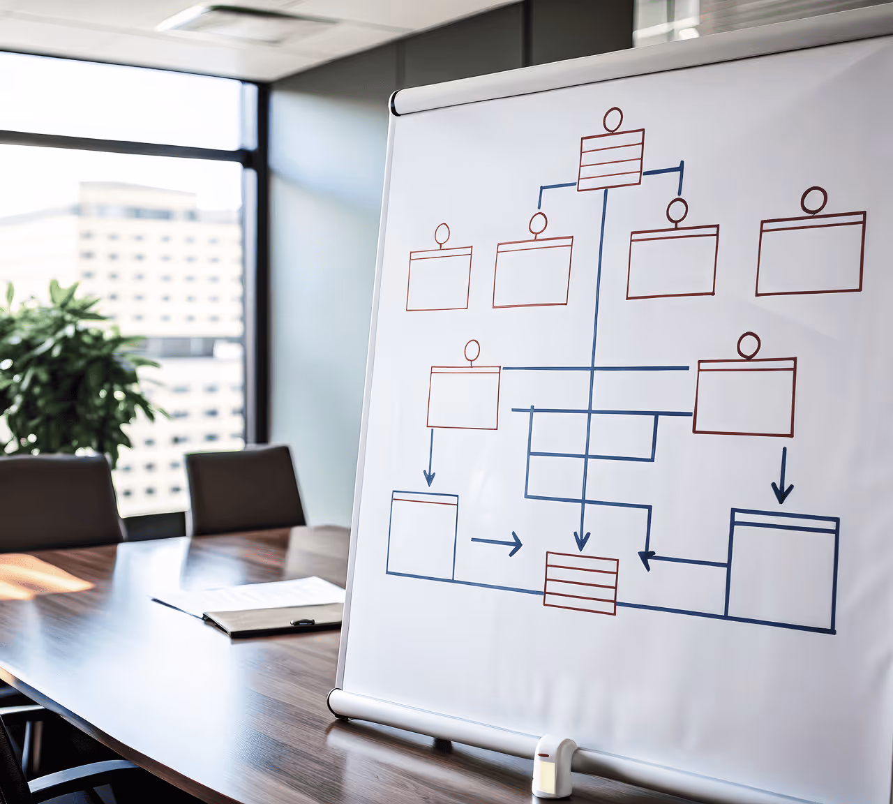 Un tableau blanc avec un organigramme dessiné en lignes et boîtes dans une salle de réunion lumineuse avec une grande fenêtre et une plante verte.