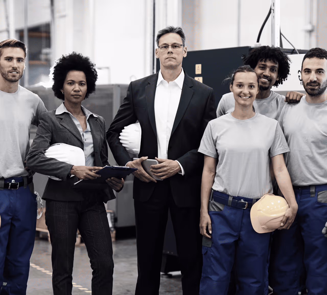 Groupe diversifié de professionnels et d'ouvriers posant ensemble dans un environnement industriel.