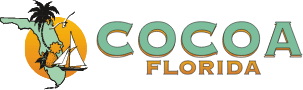 Logo of Cocoa, Florida with palm trees, a sailboat, and an orange sun graphic.
