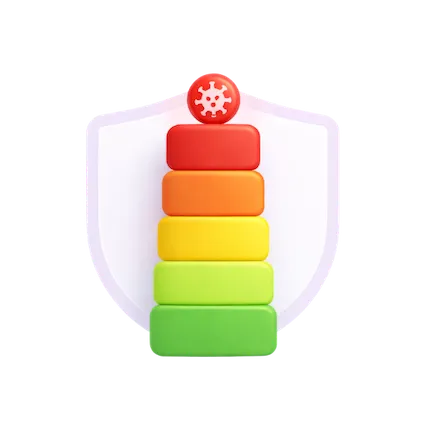 Colorful stacked blocks in green, yellow, orange, and red topped with a virus icon in front of a shield.