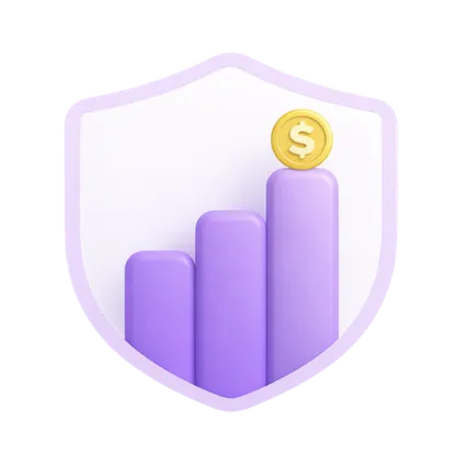 Purple ascending bar chart inside a shield with a gold coin featuring a dollar sign on the highest bar.